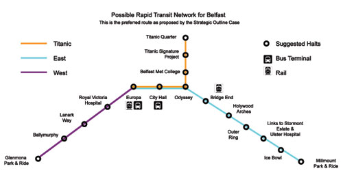 Proposed route for Belfast Rapid Transit route